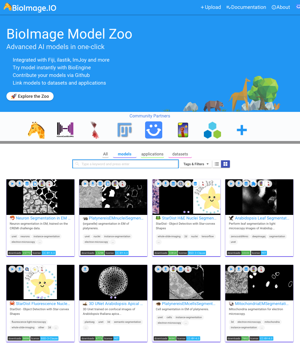 Screenshot of Bioimage Model Zoo website.